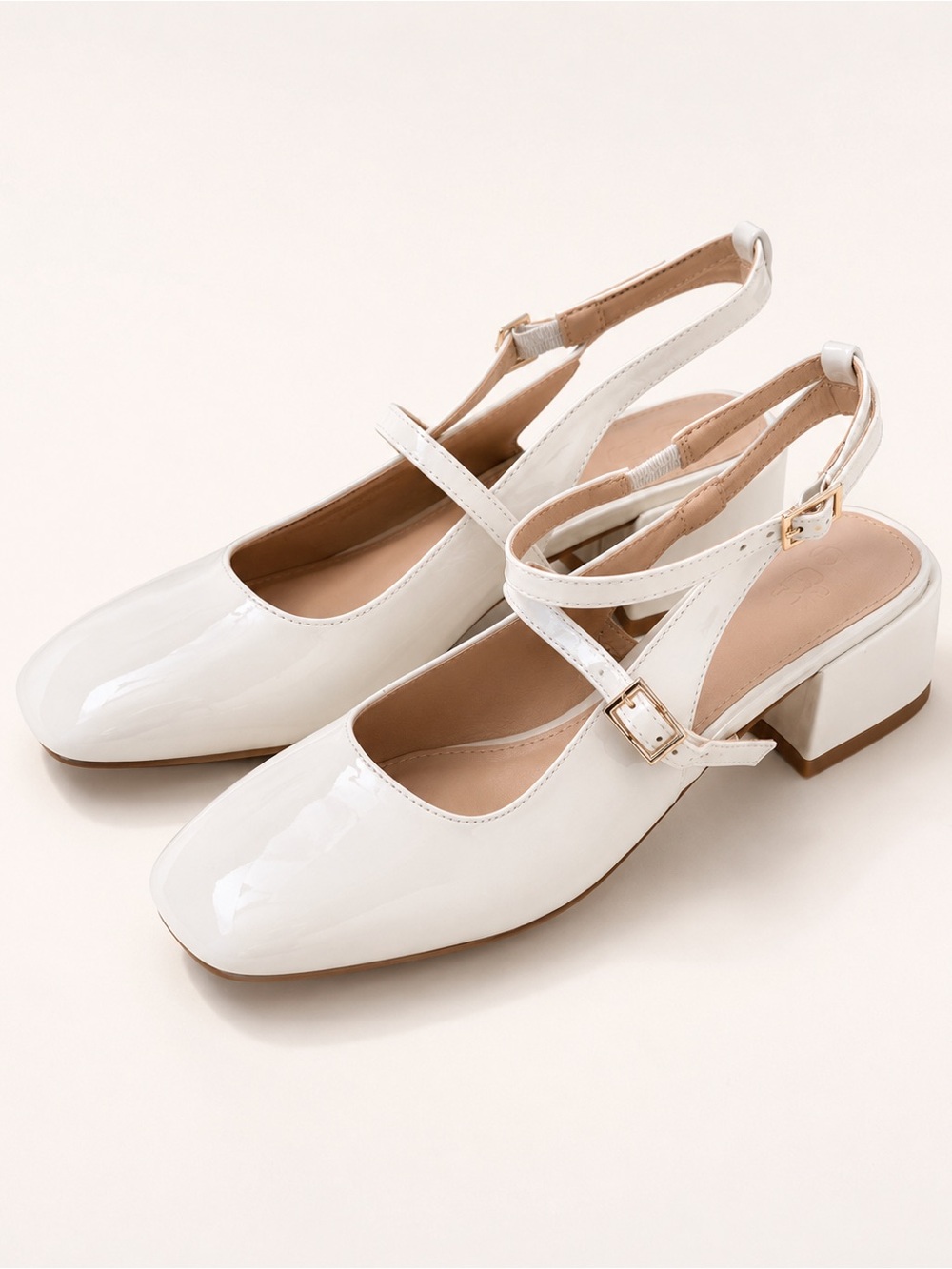 Classic White Patent Slingback Block Heel Pumps